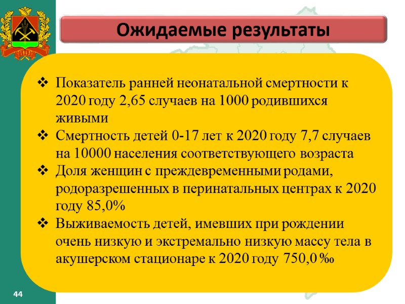 44 44 Ожидаемые результаты – Показатель ранней неонатальной смертности к 2020 году 44 44 Ожидаемые результаты – Показатель ранней неонатальной смертности к 2020 году